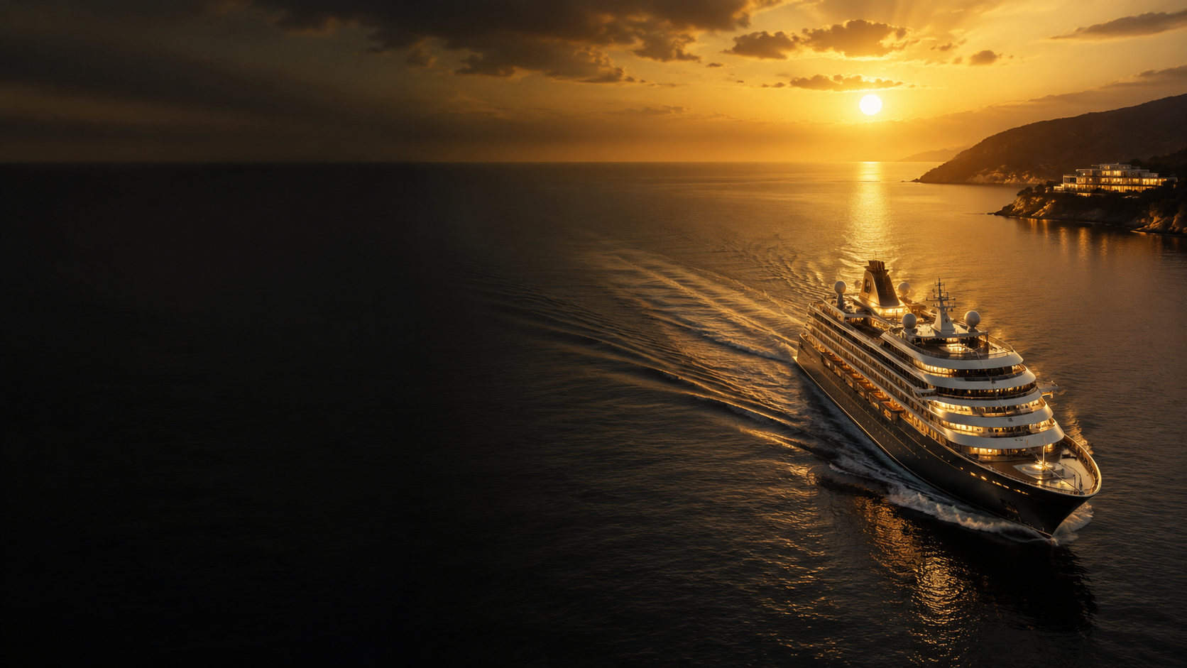 Luxury cruise ship sailing at golden sunset